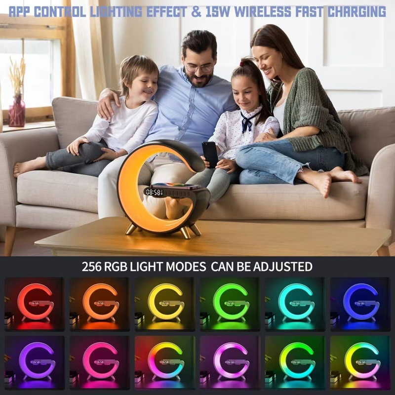 4 in 1 Colorful Night light Bluetooth Speaker with 15 Wireless Charger Led Clock C10