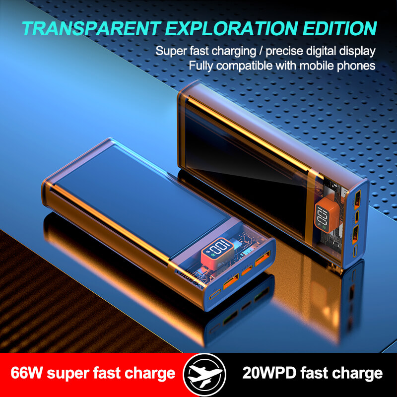 Transparent 66W Fast Charging Power Bank 20000mAh Type C Portable Outdoor Travel Cell Mobile Phone Power Bank XC-160