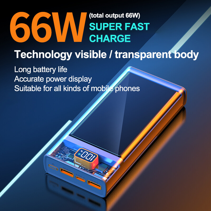Transparent 66W Fast Charging Power Bank 20000mAh Type C Portable Outdoor Travel Cell Mobile Phone Power Bank XC-160