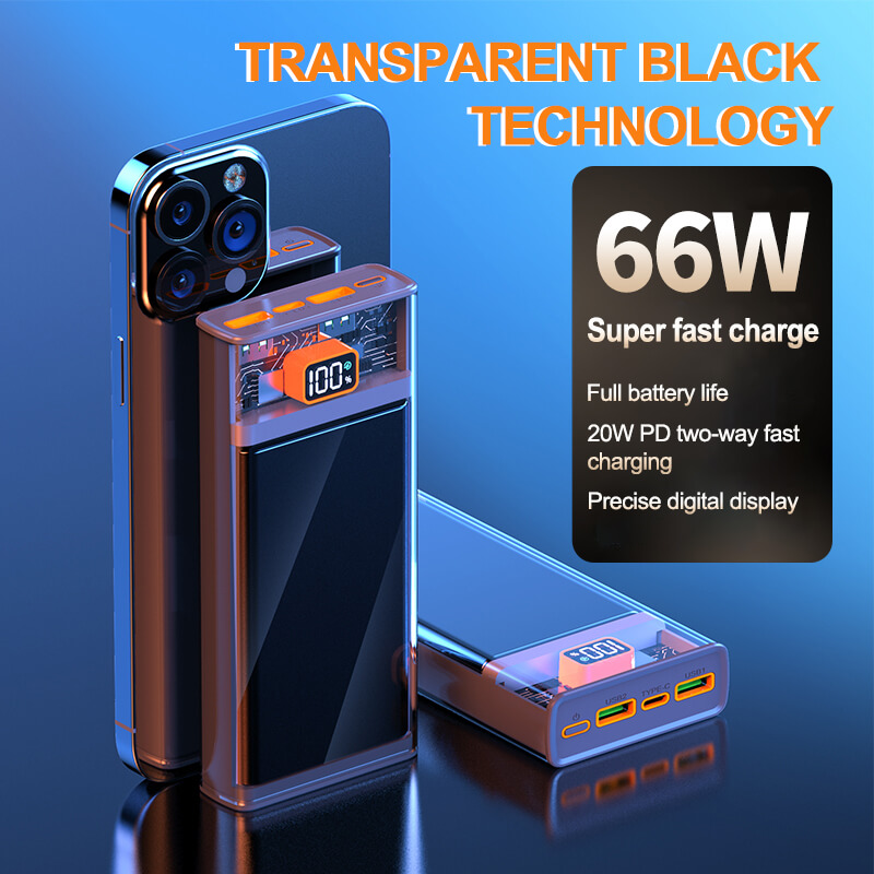 Transparent 66W Fast Charging Power Bank 20000mAh Type C Portable Outdoor Travel Cell Mobile Phone Power Bank XC-160