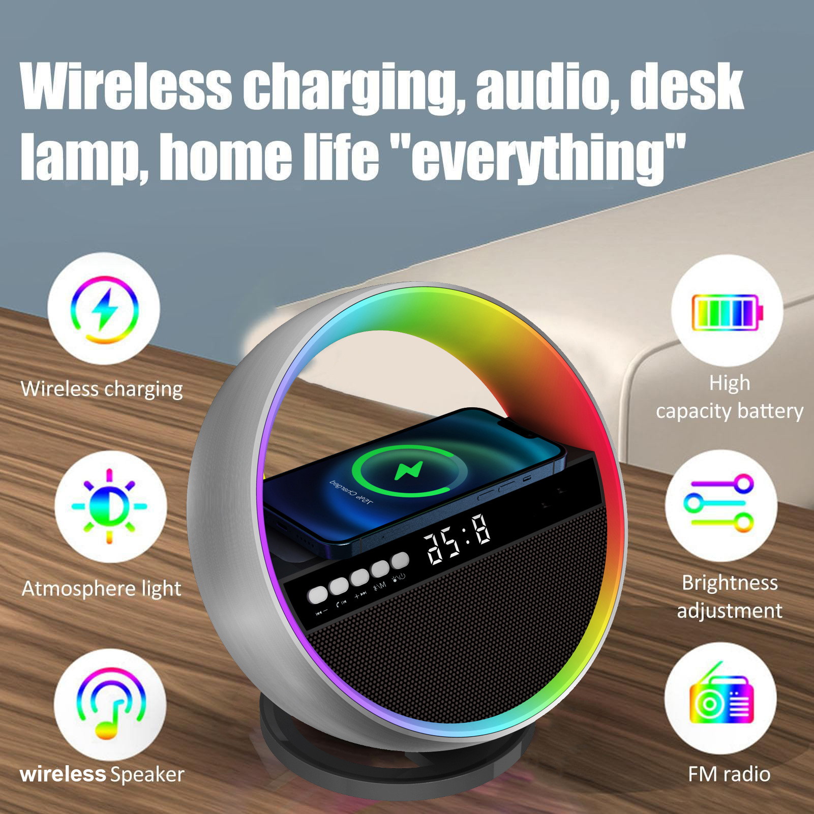 Popular Design Multifunction 15W Digital Display Alarm Clock RGB LED Night Light Bluetooth Speaker With Fast Wireless Charger C10A