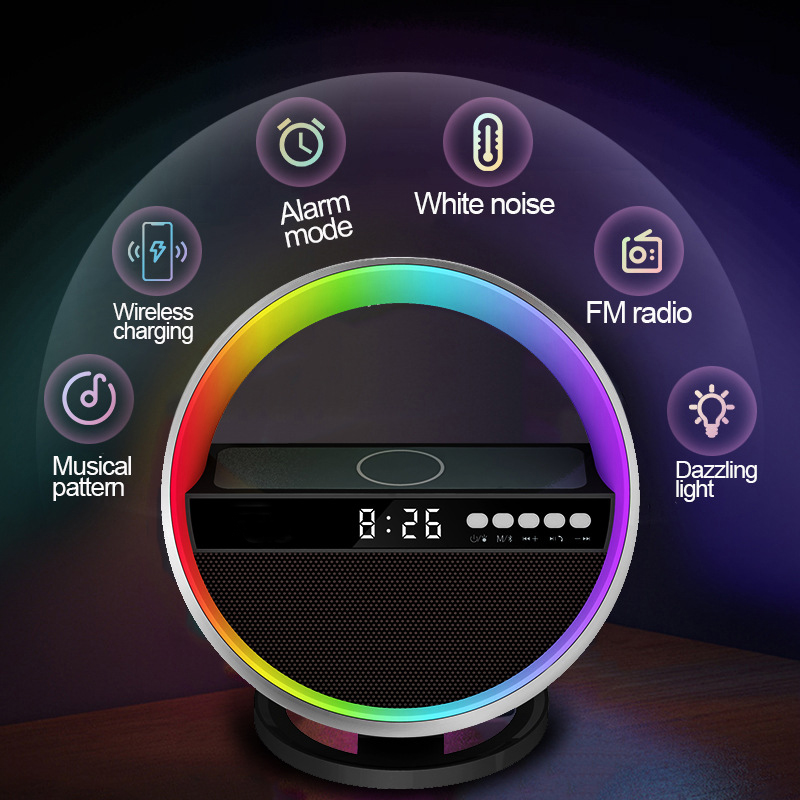 Popular Design Multifunction 15W Digital Display Alarm Clock RGB LED Night Light Bluetooth Speaker With Fast Wireless Charger C10A
