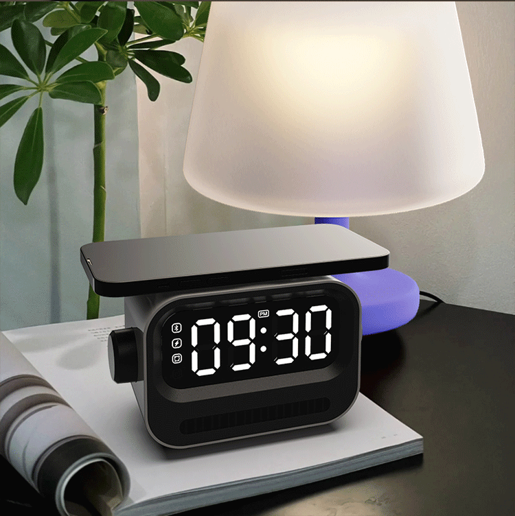 New Arrival Innovative Cute Robot Multi-Purpose Active 15W Magnetic Wireless Charging LED Bluetooth Speaker With Alarm Clock BS-226