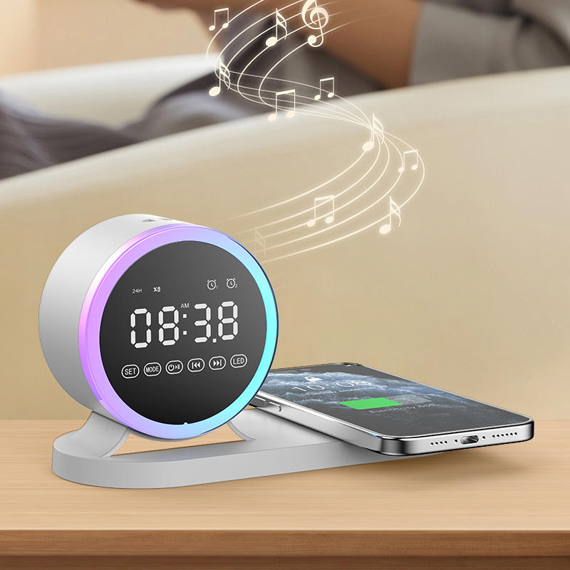Multi-Function Alarm Clock Wireless Charger Bluetooth Speaker With Removable night Light 15W Wireless Fast Charging