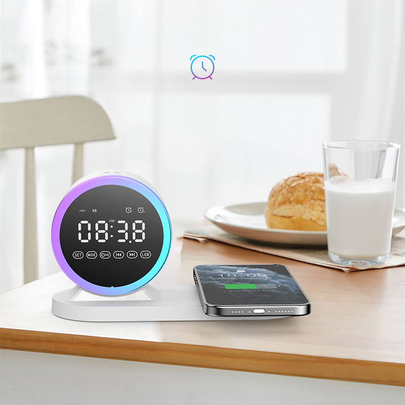Multi-Function Alarm Clock Wireless Charger Bluetooth Speaker With Removable night Light 15W Wireless Fast Charging