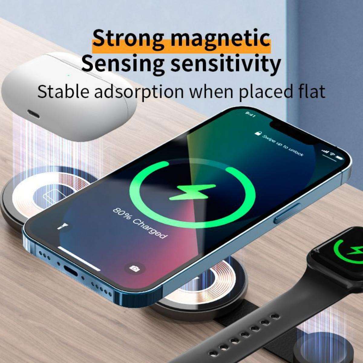 custom logo 15 W folding wireless charger smart watch or earbuds magnetic 3 in 1 wireless charger