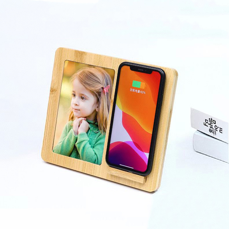 Custom Logo bamboo wooden 15W wireless charger photo frame qi wireless charger holder