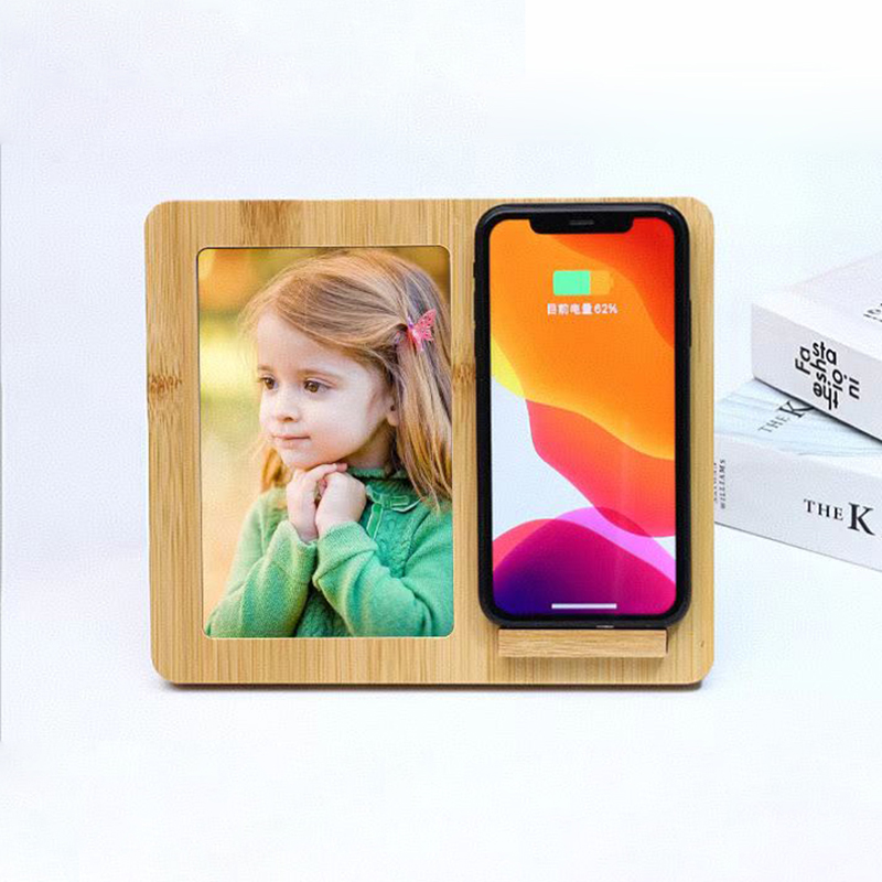 Custom Logo bamboo wooden 15W wireless charger photo frame qi wireless charger holder