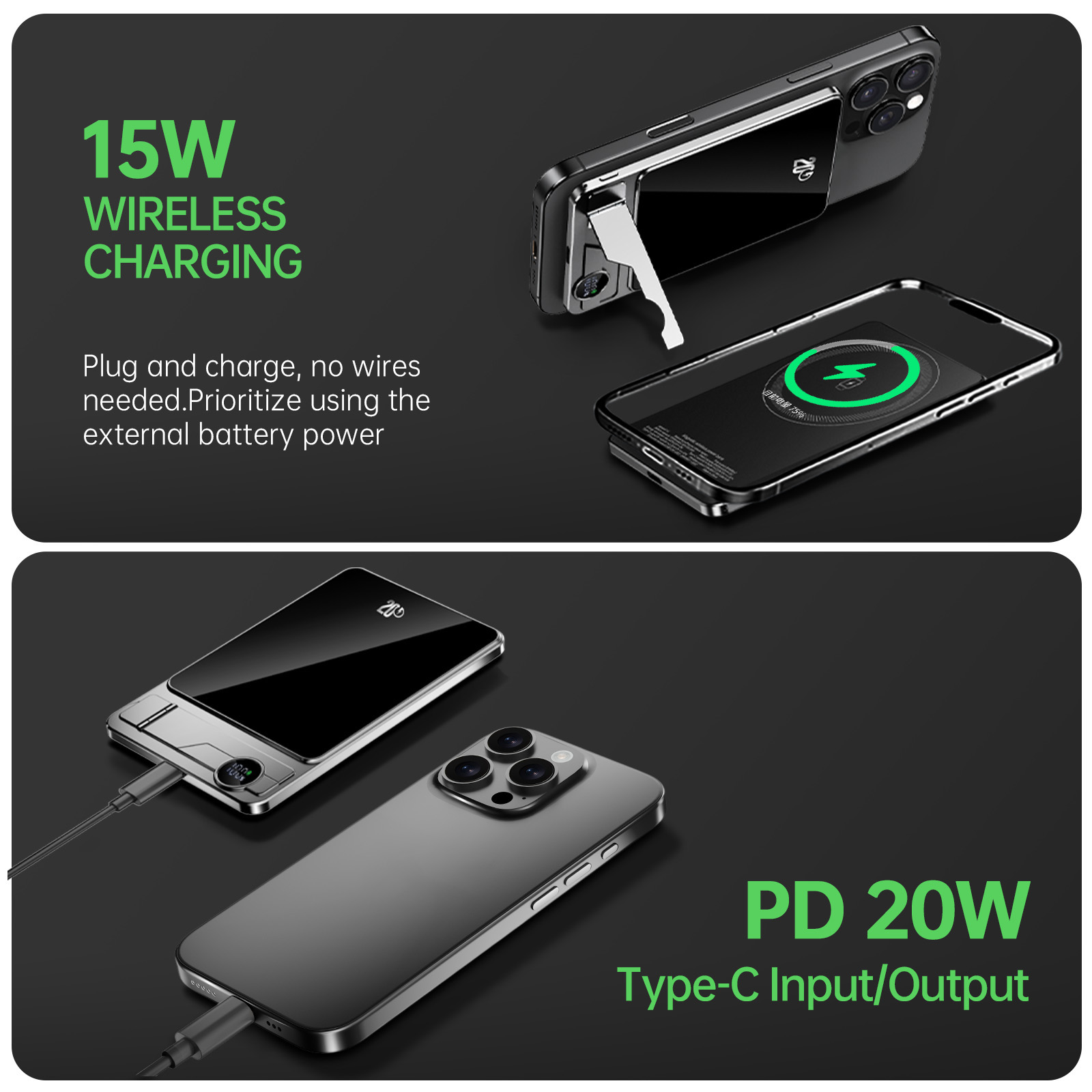 2025 Ultra Slim Aluminum Alloy 5000mah 10000mAh Foldable Stand Magnetic Power Bank Wireless Charge 15w Power Bank