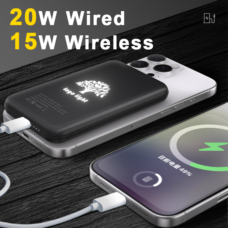 New Design Custom LED Luminous Logo slim wireless 15w Power bank Magnetic Power bank