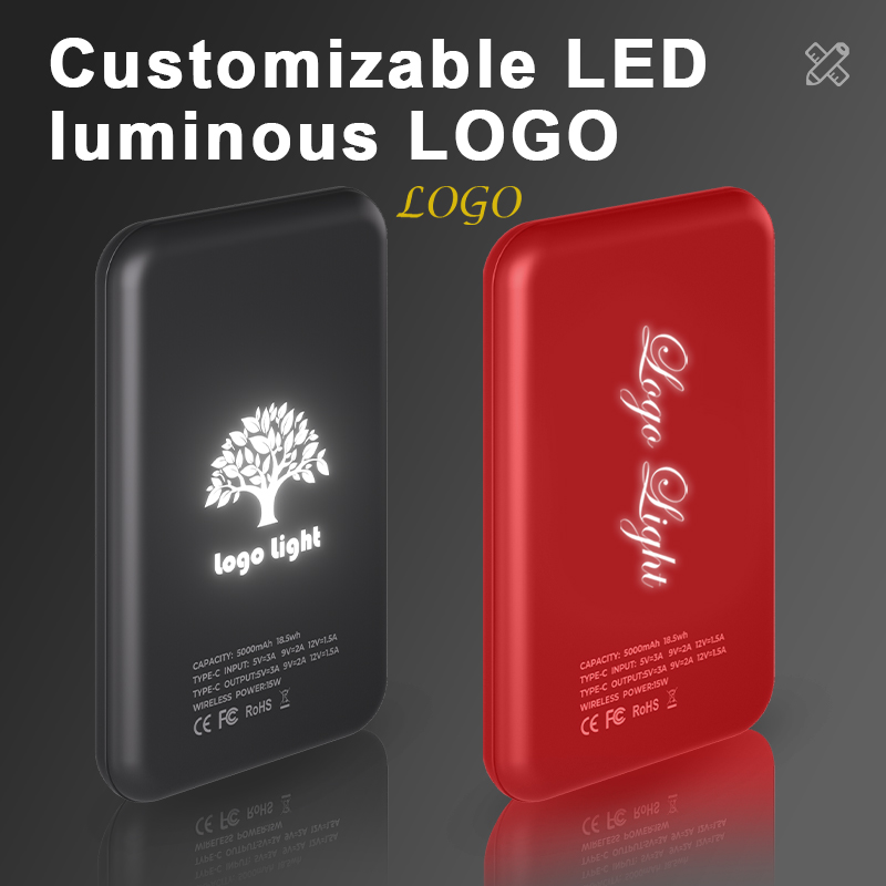 New Design Custom LED Luminous Logo slim wireless 15w Power bank Magnetic Power bank