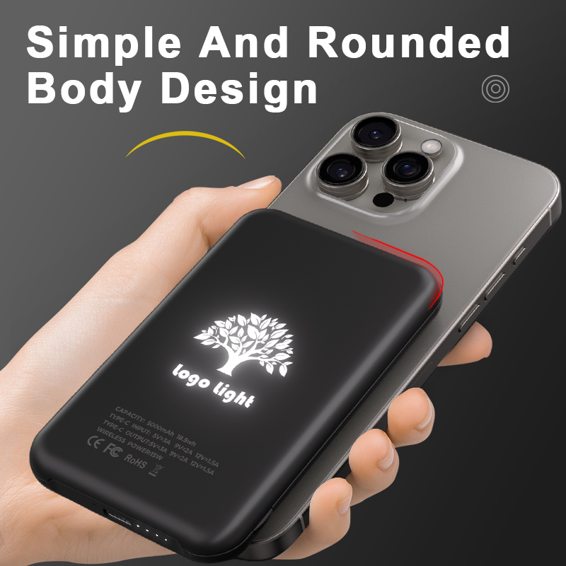 New Design Custom LED Luminous Logo slim wireless 15w Power bank Magnetic Power bank