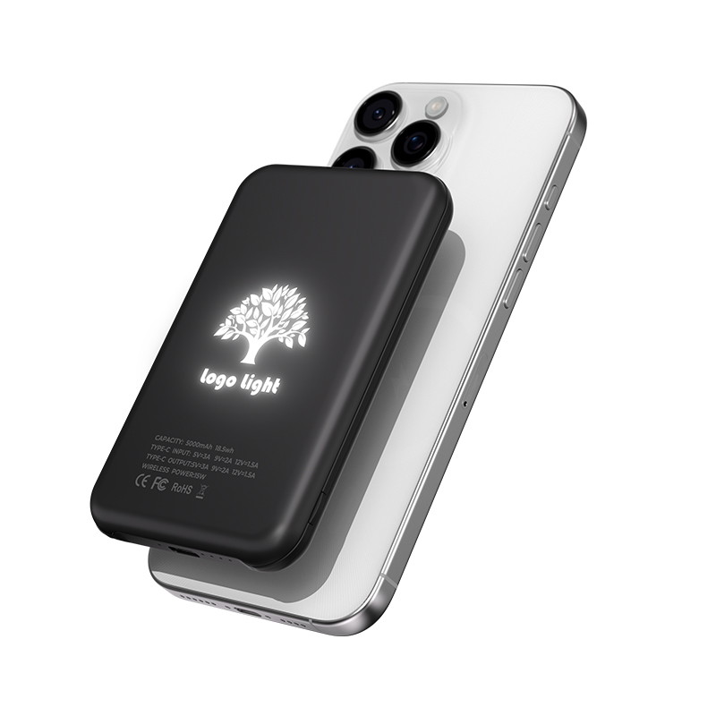 New Design Custom LED Luminous Logo slim wireless 15w Power bank Magnetic Power bank