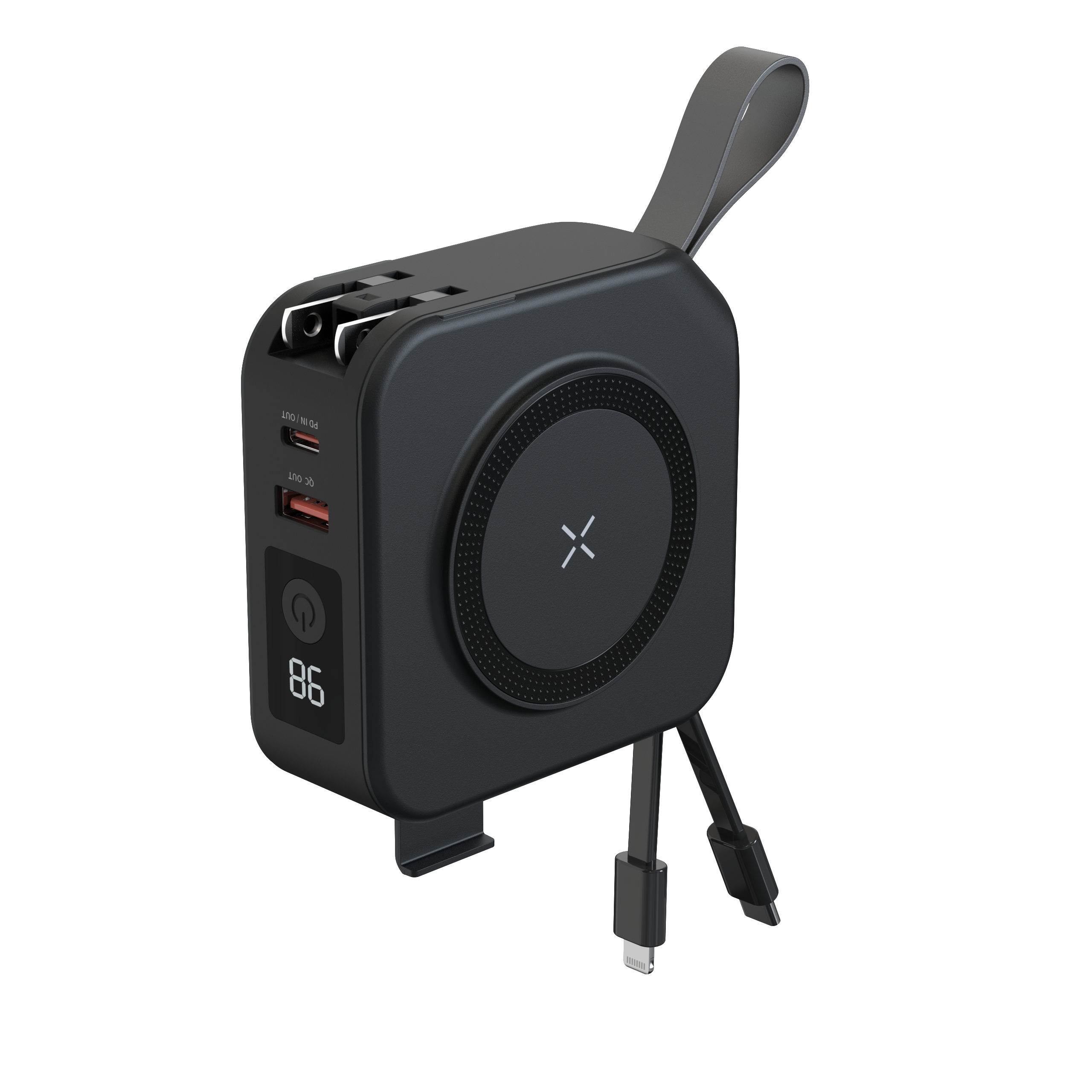 Travel Multifunction Charger 3-In-1 Lanyard Holder Design Built-In Type-C Cable AC Plug Fast Charge Magnetic Wireless Power Bank