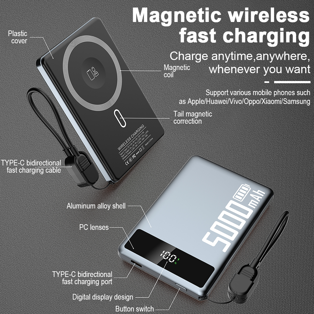 New Arrival Pd20w Custom logo ultra Thin Power Banks Battery Pack Mini Powerbank Portable Charger Wireless Magnetic Power Bank