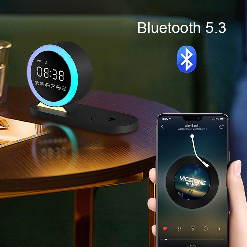 Multi-Function Alarm Clock Wireless Charger Bluetooth Speaker With Removable night Light 15W Wireless Fast Charging