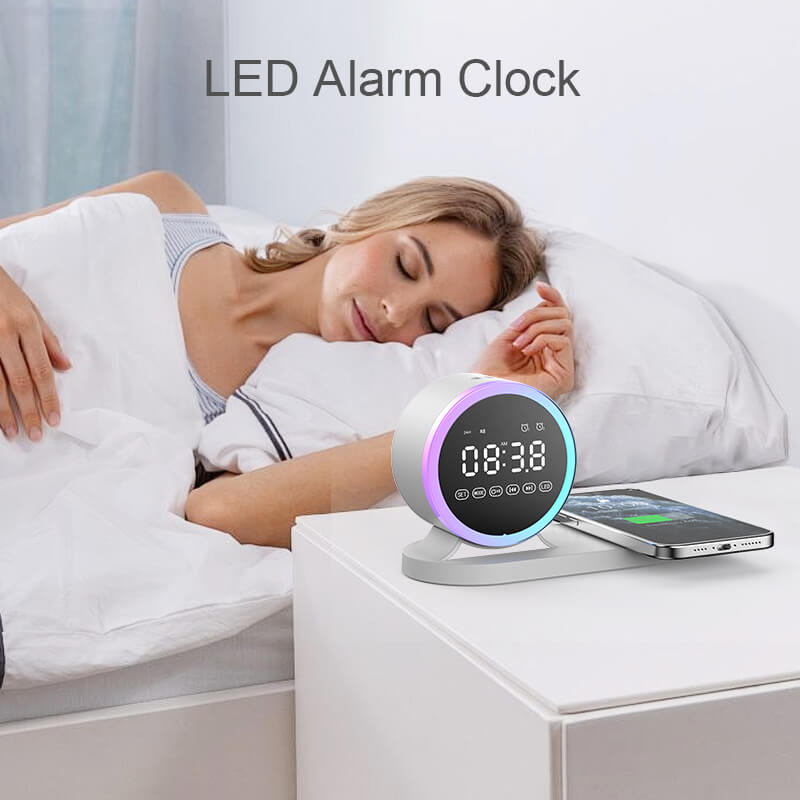 Multi-Function Alarm Clock Wireless Charger Bluetooth Speaker With Removable night Light 15W Wireless Fast Charging