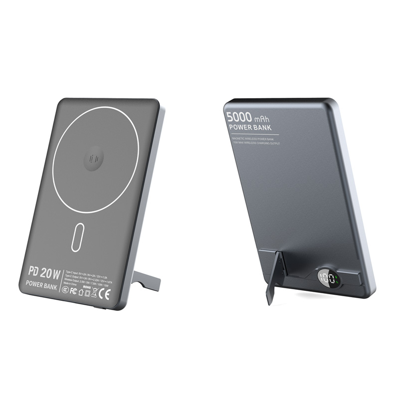 New Arrival PD20W 5000mAh LCD Display Power Bank Aluminum case Phone Holder Magnetic Wireless Power Bank