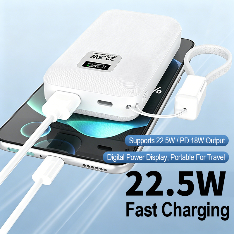 Custom Capacity Detachable Cell Power Bank 10000mAh Built-in Lanyard Cable 22.5W Fast Charge 9 Layer Safety Digital Screen Power Bank