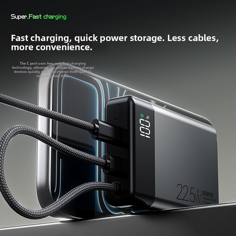 Built-in Braided Type-C Cable Power Bank 22.5W Two Way Fast Charge Digital Display 5 Color Mini Portable Travel Power Bank