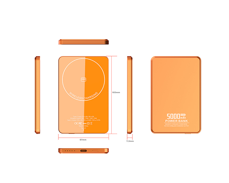 7.5mm Ultra Thin CNC Aluminum Magnetic Power Bank 5000mAh PD22.5W Wired 15W Wireless 5 LED Light Indicator 3 Color Mini Pocket Power Bank
