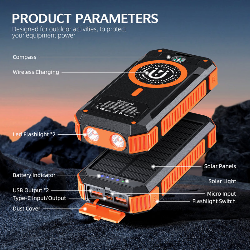 Solar Power Bank, 20000mAh, 15W Magnetic Wireless, Camping Light SL-906
