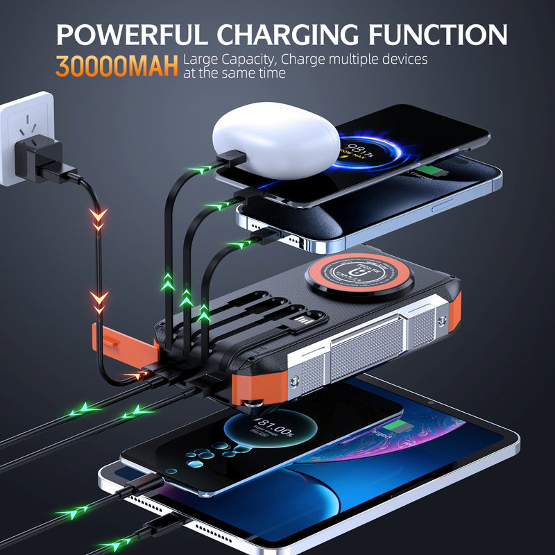 Solar Power Bank, 30000mAh, 15W Wireless, 4-Fold Solar Panel SL-907