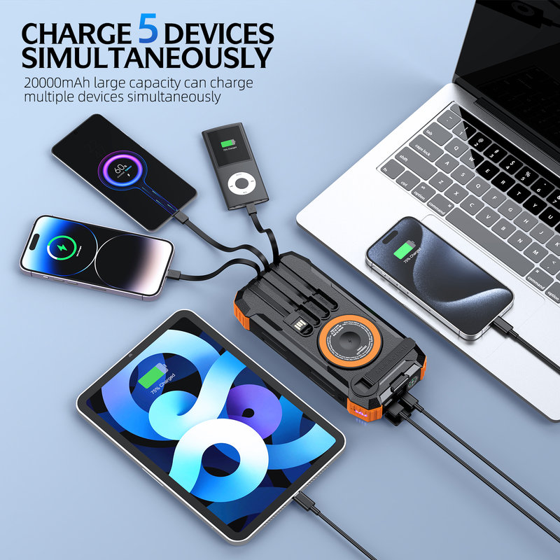 Solar Power Bank, 20000mAh, Hand Crank, 15W Wireless, Laser SL-908