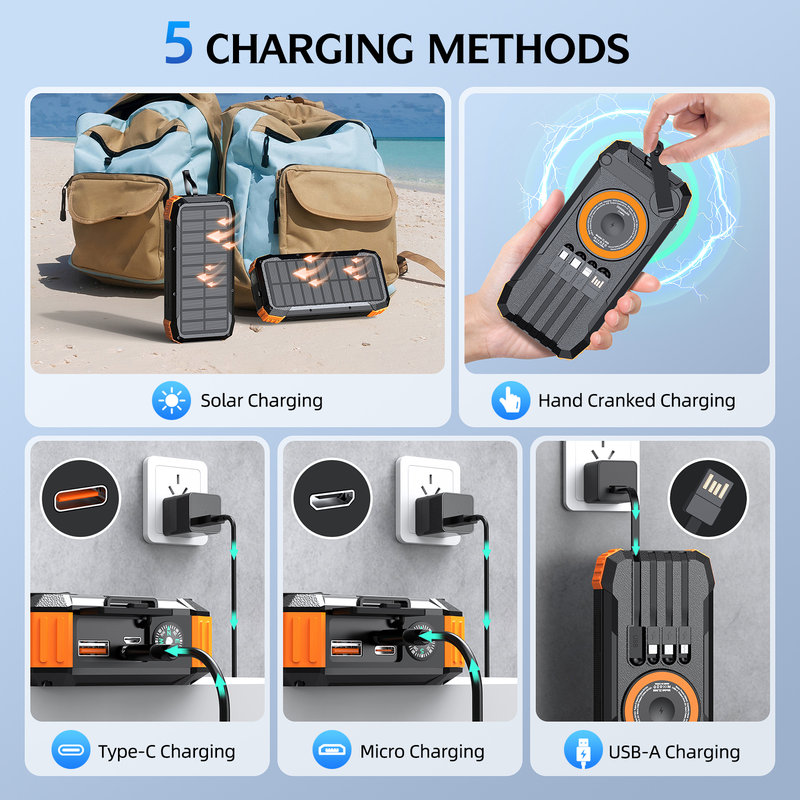 Solar Power Bank, 20000mAh, Hand Crank, 15W Wireless, Laser SL-908