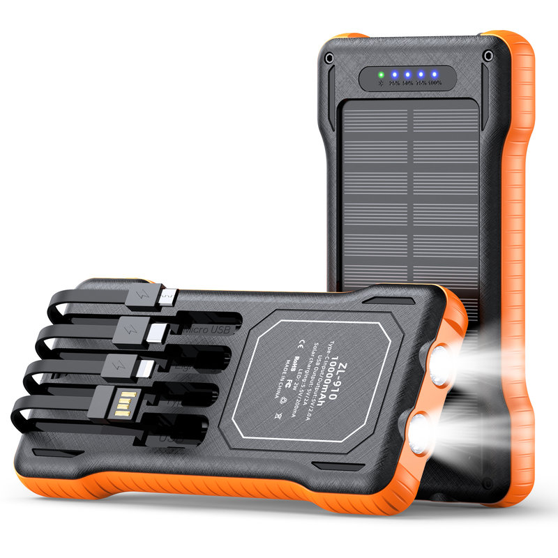 Solar Power Bank, 10000mAh, 4 Built-in Cables, 25mm Slim SL-910
