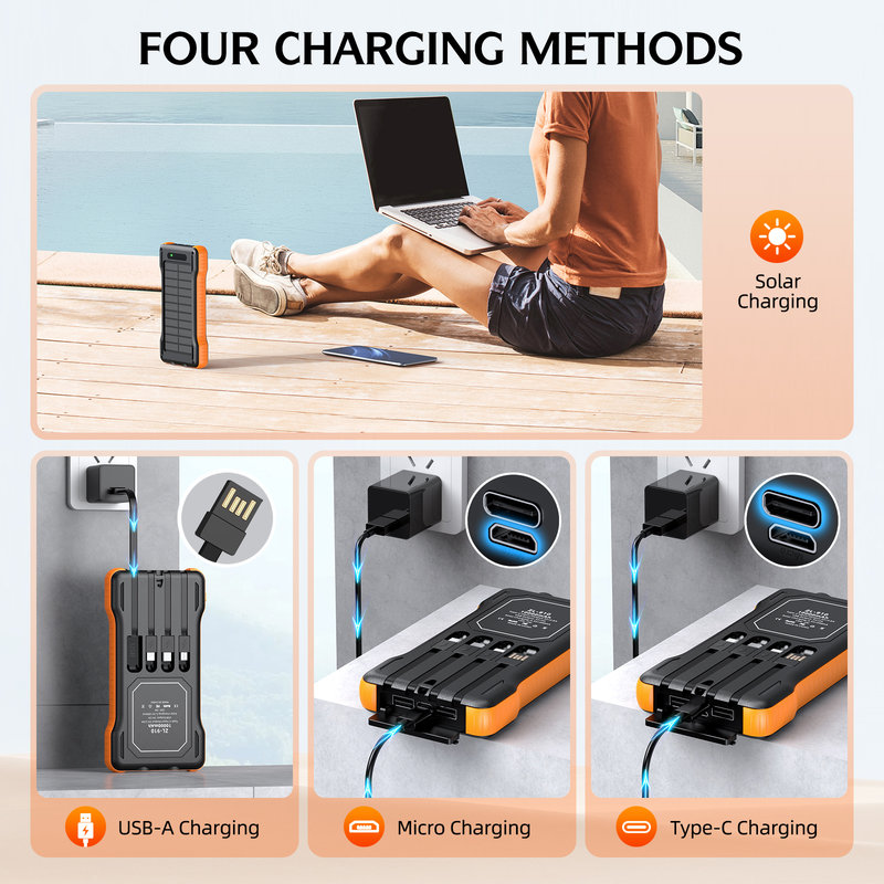 Solar Power Bank, 10000mAh, 4 Built-in Cables, 25mm Slim SL-910