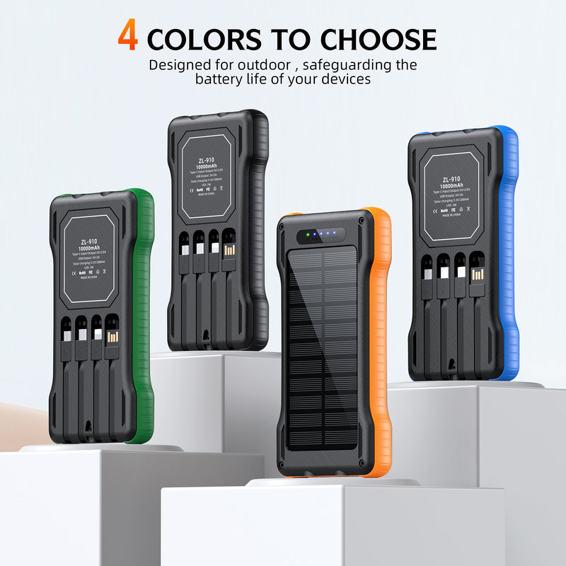 Solar Power Bank, 10000mAh, 4 Built-in Cables, 25mm Slim SL-910