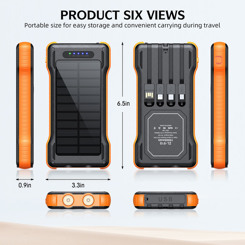Solar Power Bank, 10000mAh, 4 Built-in Cables, 25mm Slim SL-910