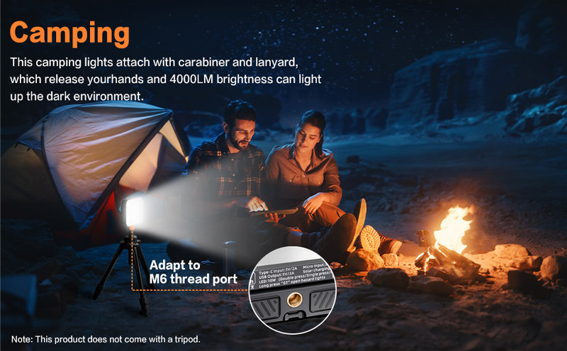 camping scene with the lantern hung from a tripod via the M6 thread