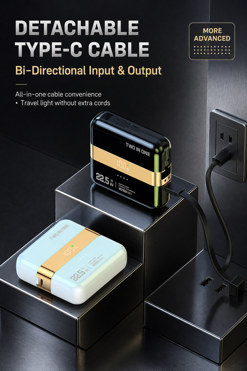 detachable Type-C cable with bi-directional input and output